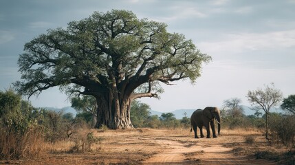 Khris elephant standing near giant baobab tree african landscape nature photography wildlife side view serene environment