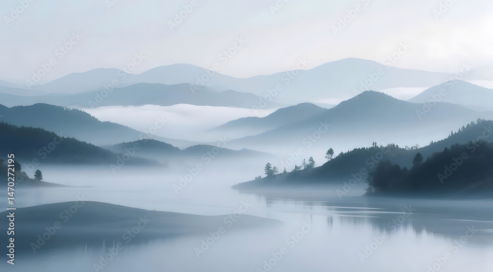 Aufkleber 霧深い山々と湖の静かな風景 朝の柔らかな光が水面に反射し 静寂と平和が満ちる日本の山岳風景 写真素材