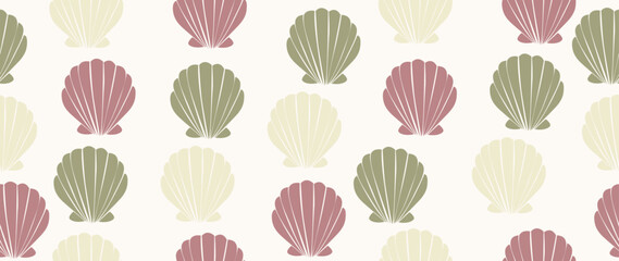 Vector flat illustration. Seamless sea shells pattern. In cartoon style. Cute print with small circles. Perfect for gift wrapping, posters, covers, screensavers, textile decor, etc.