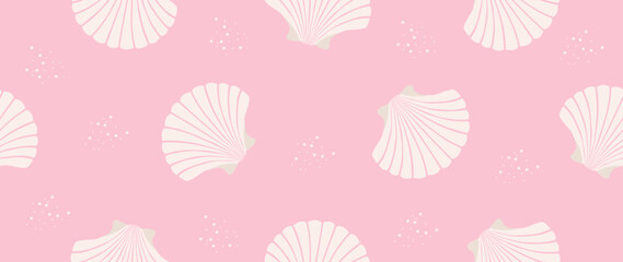 Vector flat illustration. Seamless sea shells pattern. In cartoon style. Cute print with small circles. Perfect for gift wrapping, posters, covers, screensavers, textile decor, etc.