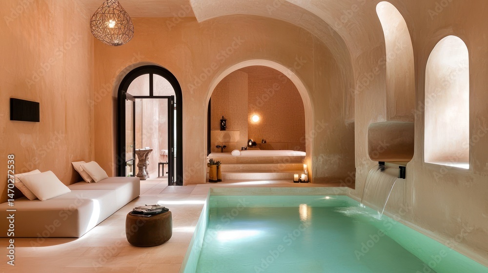 Poster a luxurious spa area featuring a pool and relaxation spaces