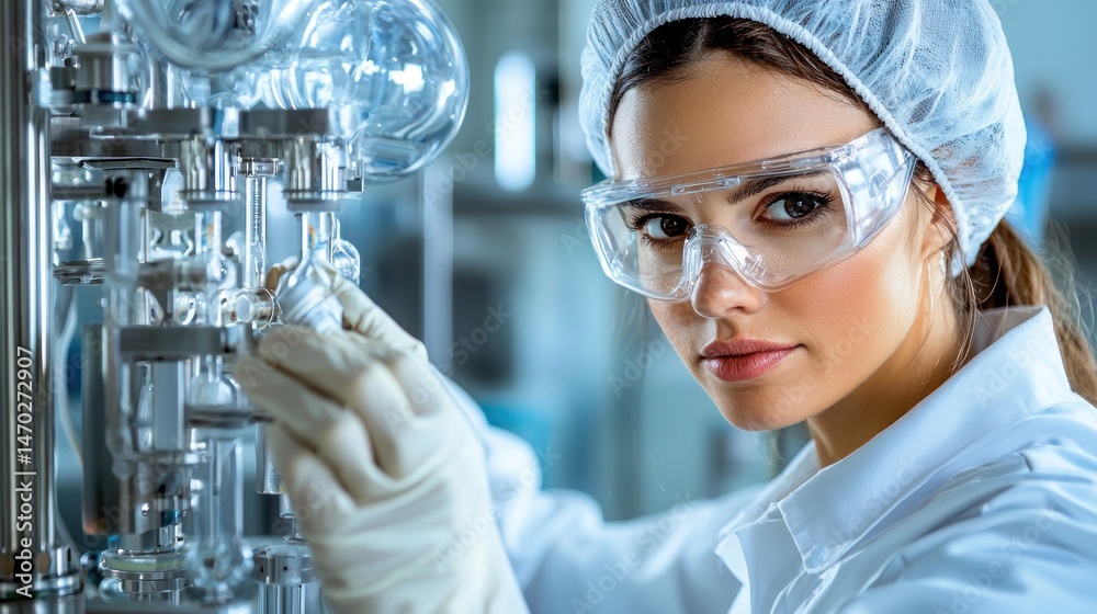 Poster female scientist inspecting complex equipment within a laboratory setting