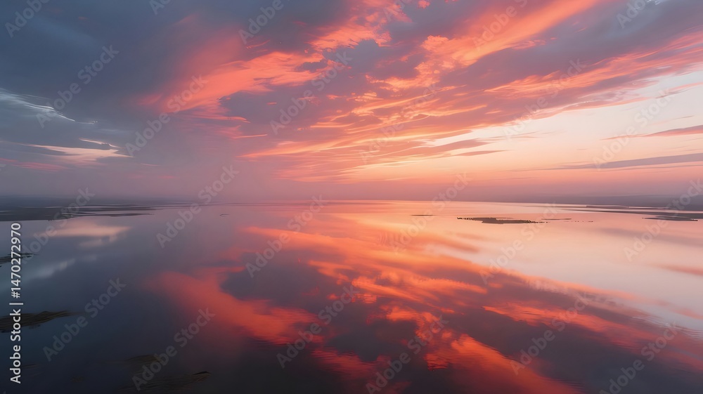 Aufkleber 劇的なオレンジ色の夕焼け雲が水面に反射する静かな湖の風景 シーン 穏やかな水辺の夕暮れ時の背景