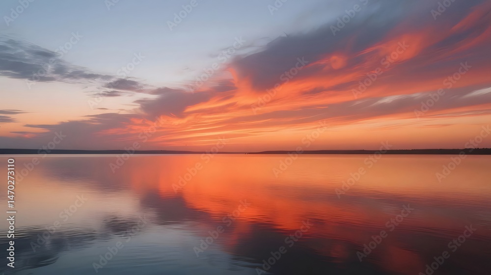 Aufkleber 湖の穏やかな夕焼け空とオレンジ色の雲のリフレクションと美しい自然風景