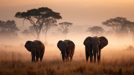 Fototapeta premium Khris elephant trio sunset wilderness photography golden haze side view emotional connection