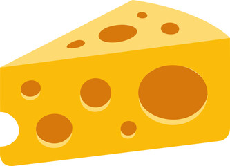 Triangle piece of bright yellow cheese with large holes, in simple vector style. Vector illustration