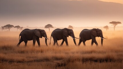 Elephants walking at sunset serengeti nature photography golden haze side view tranquil scene