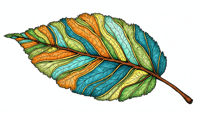 Single large leaf composed of colorful zentangle patterns in blue, green, yellow, and orange hues with detailed veins and brown stem