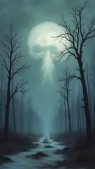 <Eerie Moonlit Forest: Mystical Skull Silhouette in Misty Night Landscape>