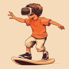 Boy Experiences Virtual Reality With Headset And Surfboard In Cartoon Style Illustration