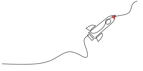 Continuous One Line Drawing Rocket Ship Blasting Off. Startup Launch Success Space Vector Art.