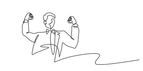 Continuous One Line Drawing Person Arms Raised Victory Pose. Success Winner Achievement Celebration Vector.