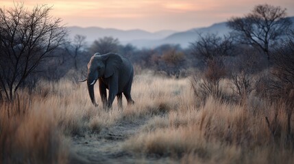 Fototapeta premium Elephant walking twilight landscape nature photography dry grass side view serene journey