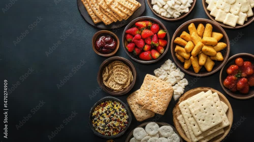 Poster Assorted snacks and crackers arranged on a table, ideal for party or gathering use