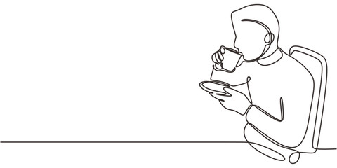 Continuous Line Drawing Man Relaxing Sipping Coffee. Comfortable Break Cup Minimalist Vector Art.