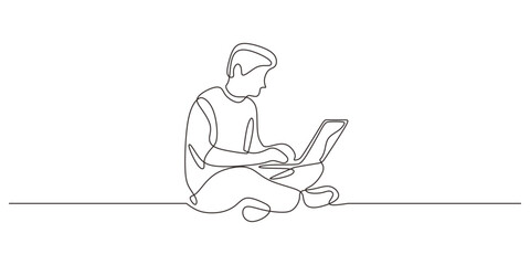 Continuous Line Drawing Man Focused Working Laptop. Minimalist Office Business Vector Art.