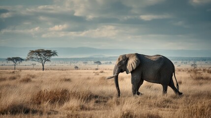 Obraz premium Elephant walking through open field nature environment wildlife photography pale blue sky serene landscape