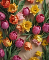 Fototapeta premium Close-up vibrant tulips, daffodils, textured paper Fresh spring blooms , floral, floral design, spring season