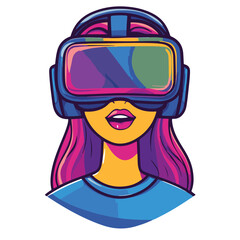 Colorful Woman Wearing Virtual Reality Headset In Cartoon Style Isolated On White