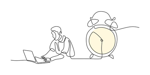 Single Line Art Work Efficiency Clock Hand Laptop. Productivity Time Minimalist Vector Art.