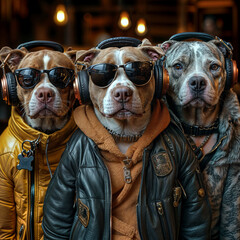 Portrait of pit bull dogs wearing clothes and headphones