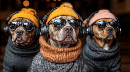 Portrait of pit bull dogs wearing clothes and headphones
