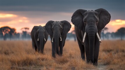 Obraz premium Elephants gathering at twilight savanna wildlife photography dusk setting close-up majestic beauty