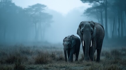 Obraz premium Gentle elephant calf stays close to mother in misty forest wildlife photography natural habitat peaceful scene