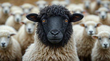 Portrait of a black sheep in a herd of grazing white sheep