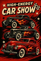 Retro 1950s Hot Rod Car Show Poster with Flames, Chrome, and Whitewall Tires - Vintage Comic-Style Auto Art