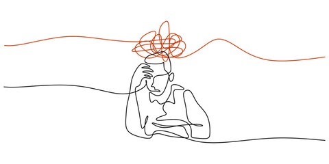 Continuous Line Drawing Person Head Hands Desk. Mental Fatigue Workplace Stress Burnout Vector Art.