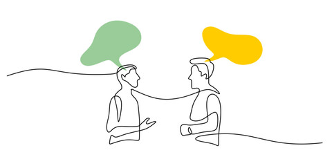 Continuous Line Drawing Colleagues Connecting Speech Bubbles. Dialogue Teamwork Communication Art.