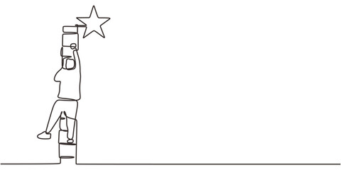 Continuous Line Drawing Person Ladder Reaching Star. Ambition Goal Achievement Career Vector Art.