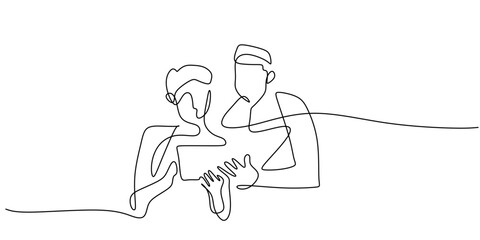 Minimalist Line Art Attentive Dialogue Consultation Two Individuals Seated. Listening Empathy Vector.