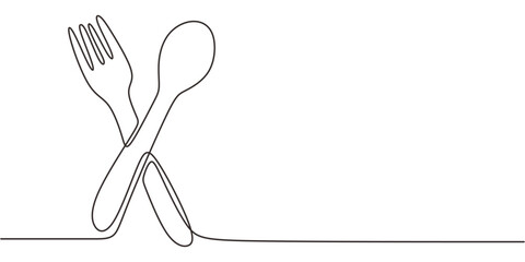 Single Line Art Fork Spoon Crossed. Mealtime Eatery Signage Food Minimalist Vector Illustration.