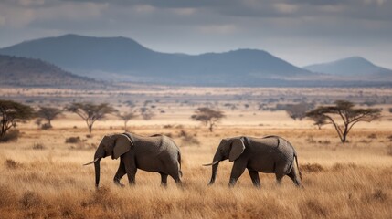 Fototapeta premium Elephants walking in unison open savannah wildlife photography natural landscape side view graceful movement