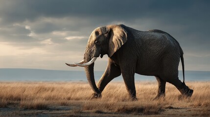 Fototapeta premium Majestic elephant walking savannah landscape wildlife photography open horizon side profile natural habitat