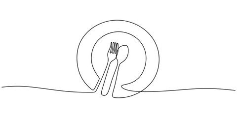 Continuous Line Drawing Fork Spoon Empty Plate. Dining Meal Completion Minimalist Vector Art.