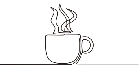 Continuous Line Drawing Coffee Mug Rising Steam. Hot Beverage Break Morning Minimalist Vector Art.