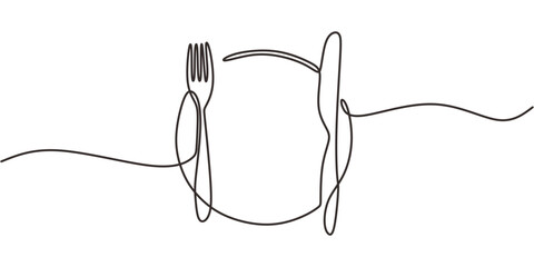 Continuous Line Drawing Plate Flanked Knife Fork. Readiness Eat Meal Setting Minimalist Vector.