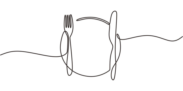 Continuous Line Drawing Plate Flanked Knife Fork. Readiness Eat Meal Setting Minimalist Vector.