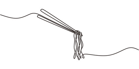 Single Line Art Eating Chopsticks Holding Noodles Mid Air. Asian Food Meal Minimalist Vector Art.