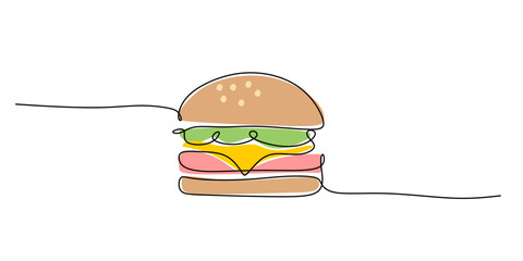 Continuous Line Drawing Layered Burger. Iconic Fast Food Cuisine Sandwich Minimalist Vector Art.