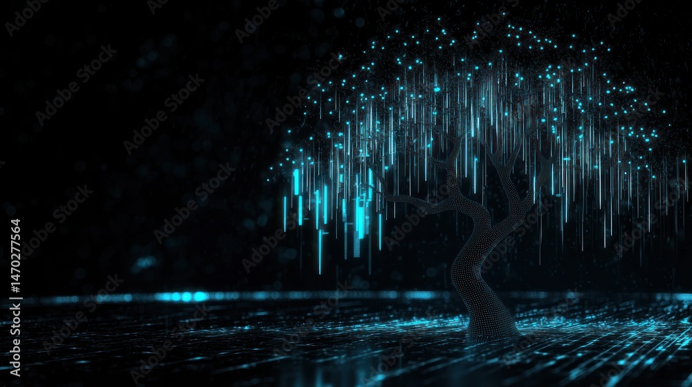 Poster abstract digital tree with glowing blue lights in a dark space