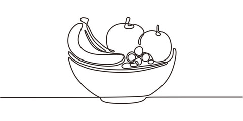 Continuous Line Drawing Bowl Various Fruits Apple Banana Grapes. Healthy Eating Diet Vector Art.