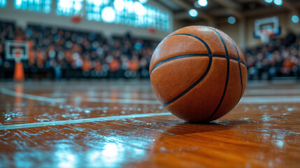 Close-up shot of a basketball on a basketball court