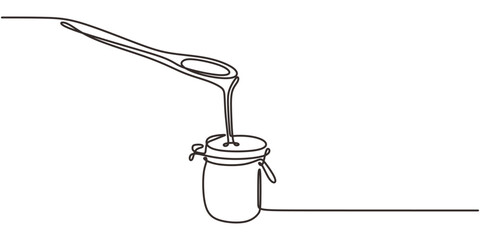 Continuous One Line Drawing Honey Jar Spoon Dipper. Natural Sweet Food Organic Minimalist Vector Art.