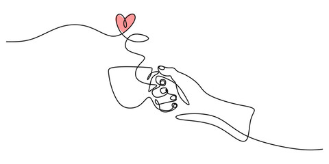Continuous One Line Drawing Hand Holding Coffee Cup Heart Steam. Love Morning Cafe Minimalist Vector.