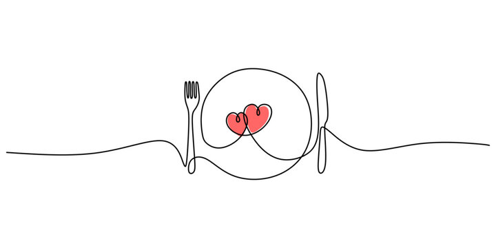 Continuous One Line Drawing Spoon Fork Plate Heart. Food Love Dining Healthy Eating Meal Vector Art.