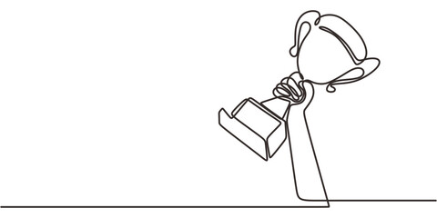 Continuous One Line Drawing Person Holding Trophy High. Winner Success Achievement Award Vector Art.